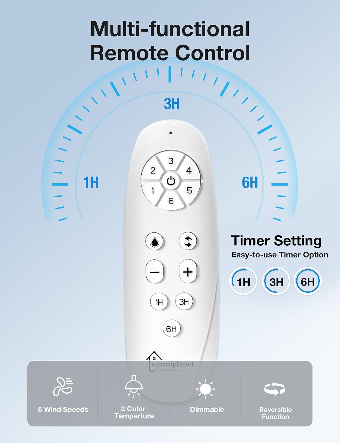warmiplanet 62 Inch Ceiling Fan with Lights and Remote, Quiet DC Motor, Modern Indoor Ceiling Fan for Living Room Bedroom, 6 Speeds Reversible, 3-Color Dimmable LED Light, Timer