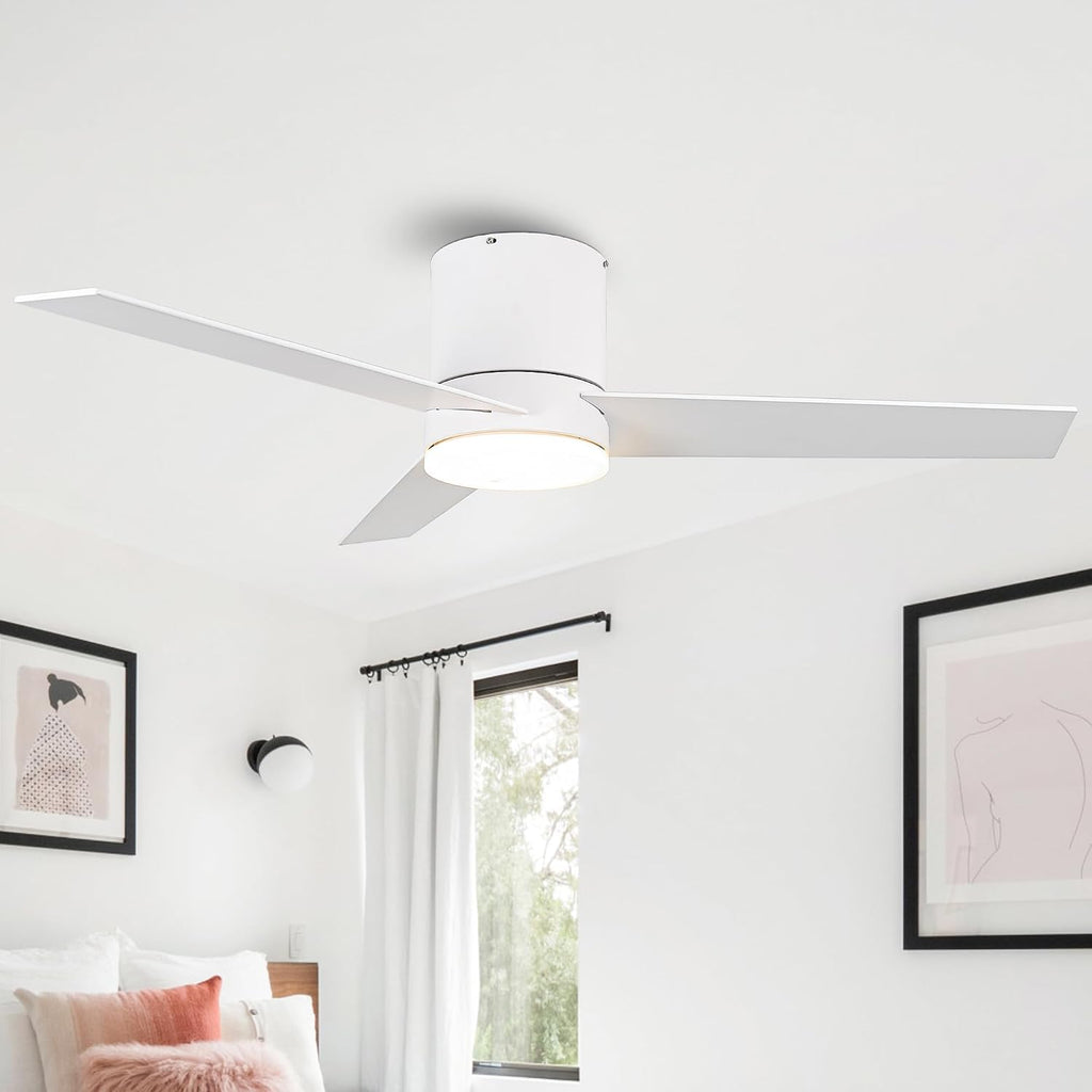 Low Profile Ceiling Fans with Lights and Remote, 48 Inch Bedroom Ceiling Fans Flush Mount, Indoor/Outdoor Fans for Patios, Reversible 3 Blades, Noiseless, Color Temp Adjusted, DOE ETL Tested (White)