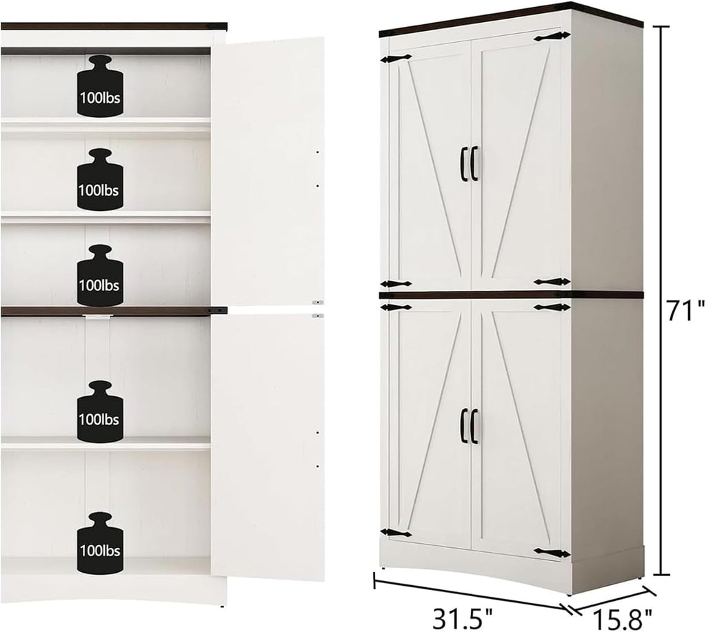 chartustriable 71in Farmhouse Kitchen Pantry Cabinet,Tall Storage Cabinet with 4 Doors and Adjustable shelves,with Load-Bearing Steel Pipe,Wood Storage Cabinets for Kitchen,Dining Room,Bathroom(White)