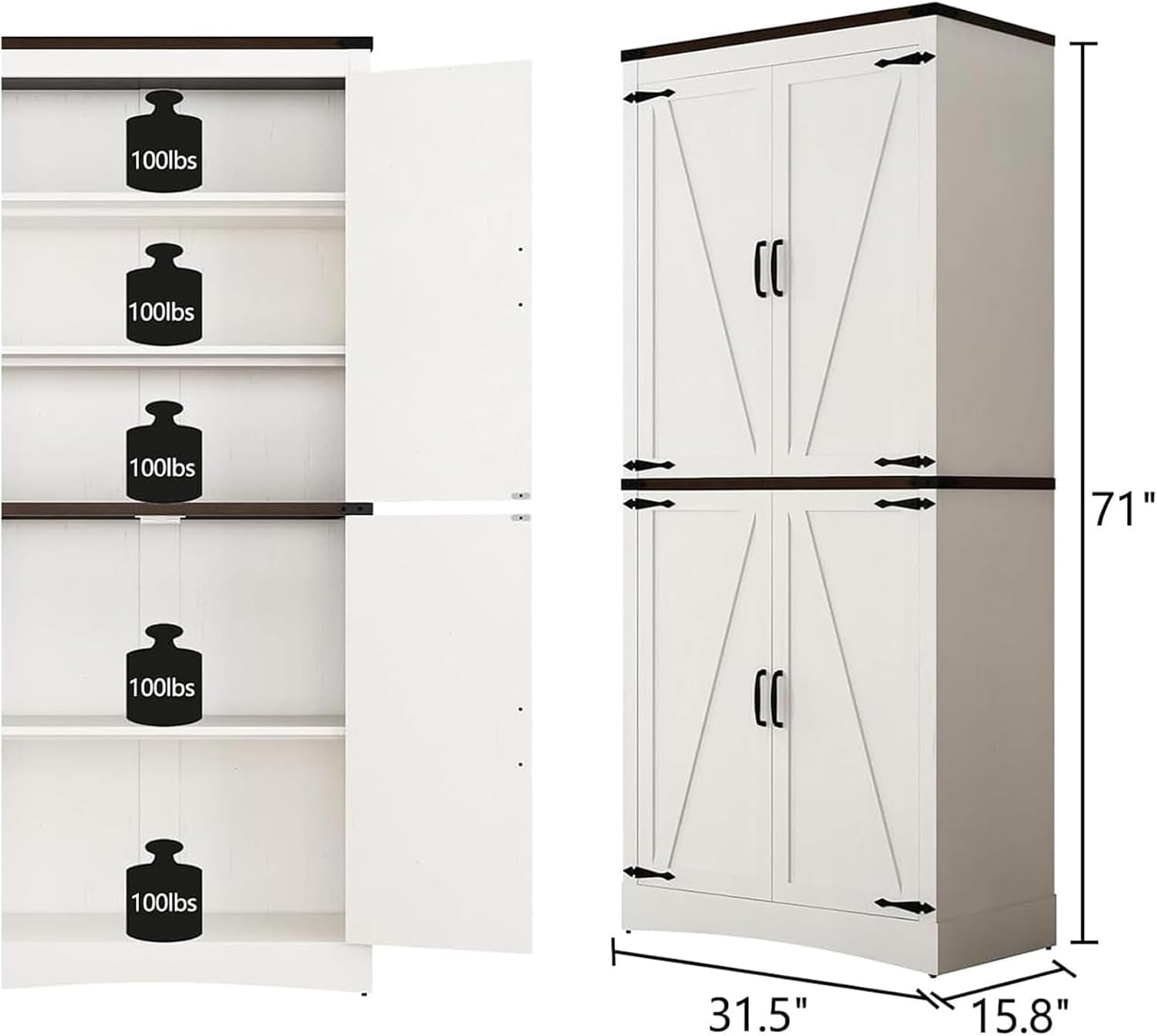 chartustriable 71in Farmhouse Kitchen Pantry Cabinet,Tall Storage Cabinet with 4 Doors and Adjustable shelves,with Load-Bearing Steel Pipe,Wood Storage Cabinets for Kitchen,Dining Room,Bathroom(White)