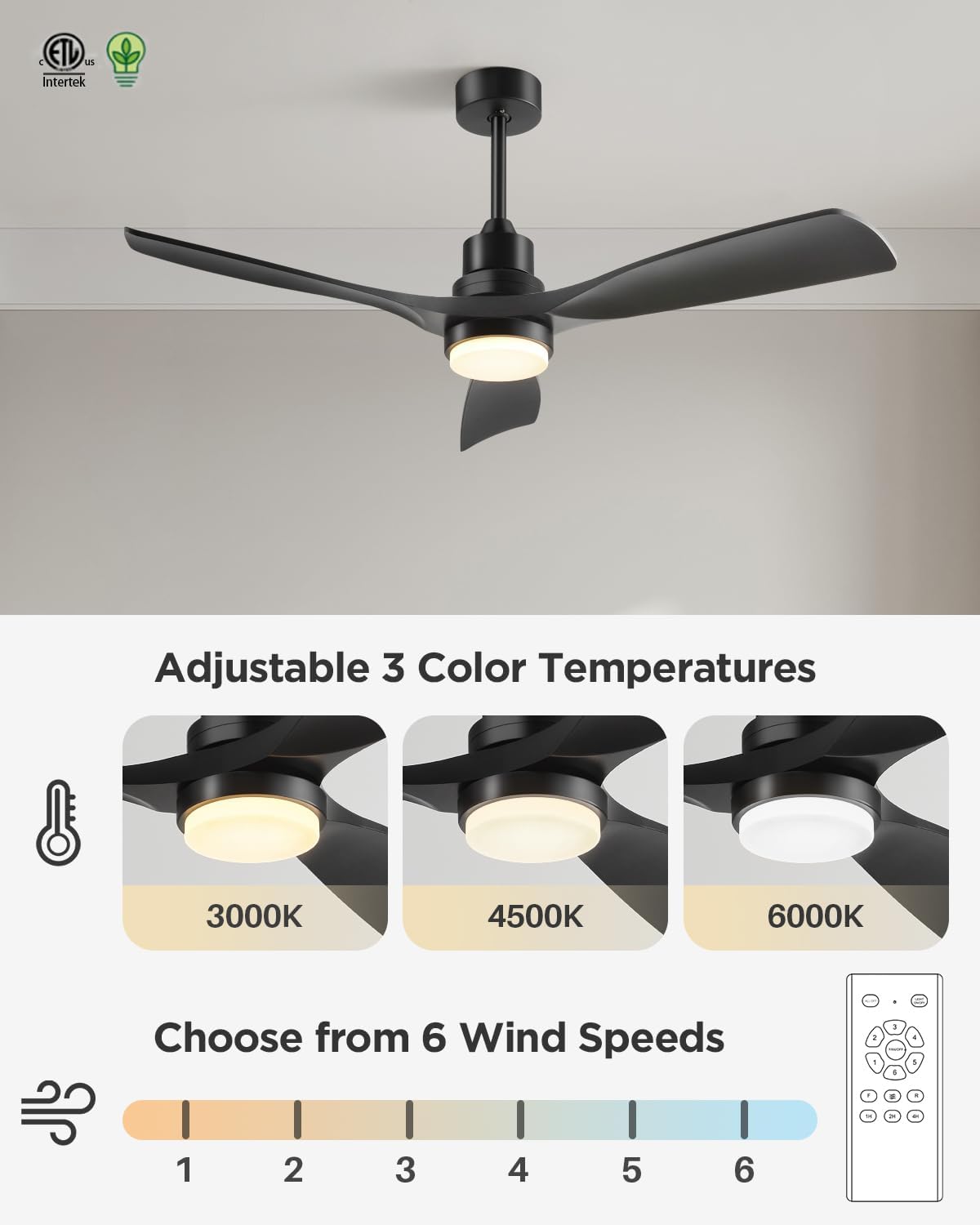 72 Inch Ceiling Fans with Lights Remote, Black Ceiling Fan Light, 3 Downrods, 3 Wood Blades, ETL Listed, Timer, 6 Speed Quiet Reversible DC Motor Outdoor Fans for Patios Bedroom, 72in,Black