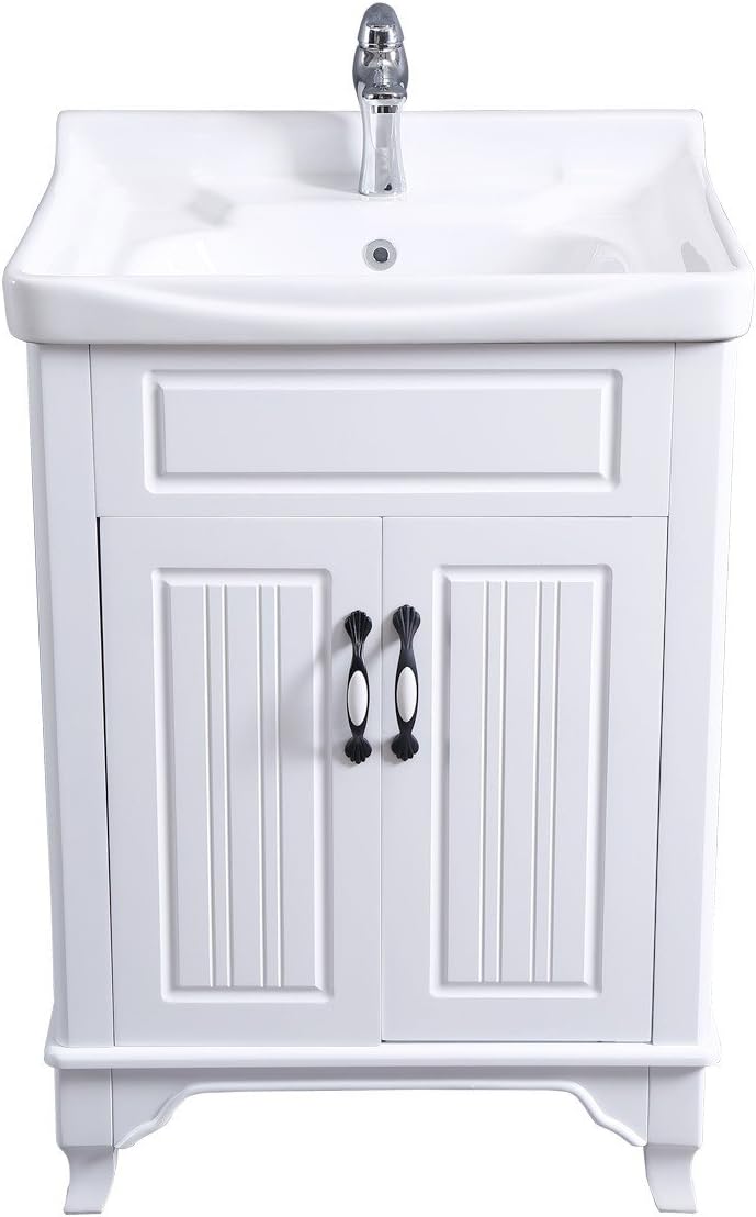 Renovators Supply Manufacturing Adeline White Wooden Cabinet Vanity Sink 24.25' W Large Free Standing Bathroom Sink Combo with Cabinet, Basin Sink, Overflow, Drain, Backsplash and Hardware
