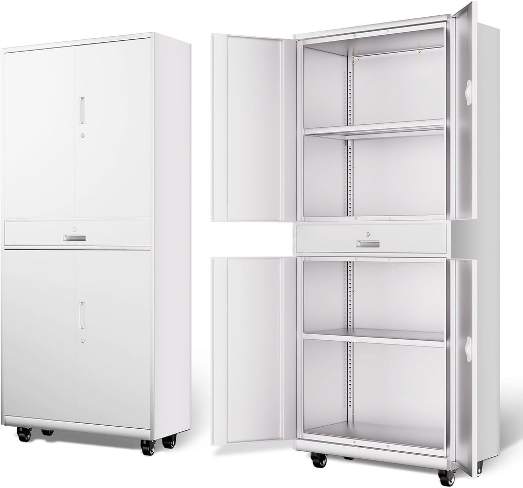 DNA Motoring 73'' Metal Storage Cabinet, Rolling Garage Cabinet with 1 Drawer and Adjustable Shelves, Lockable Heavy Duty Metal Locker for Garage,Office,Home,White, TOOLS-00630-WH-WH-A
