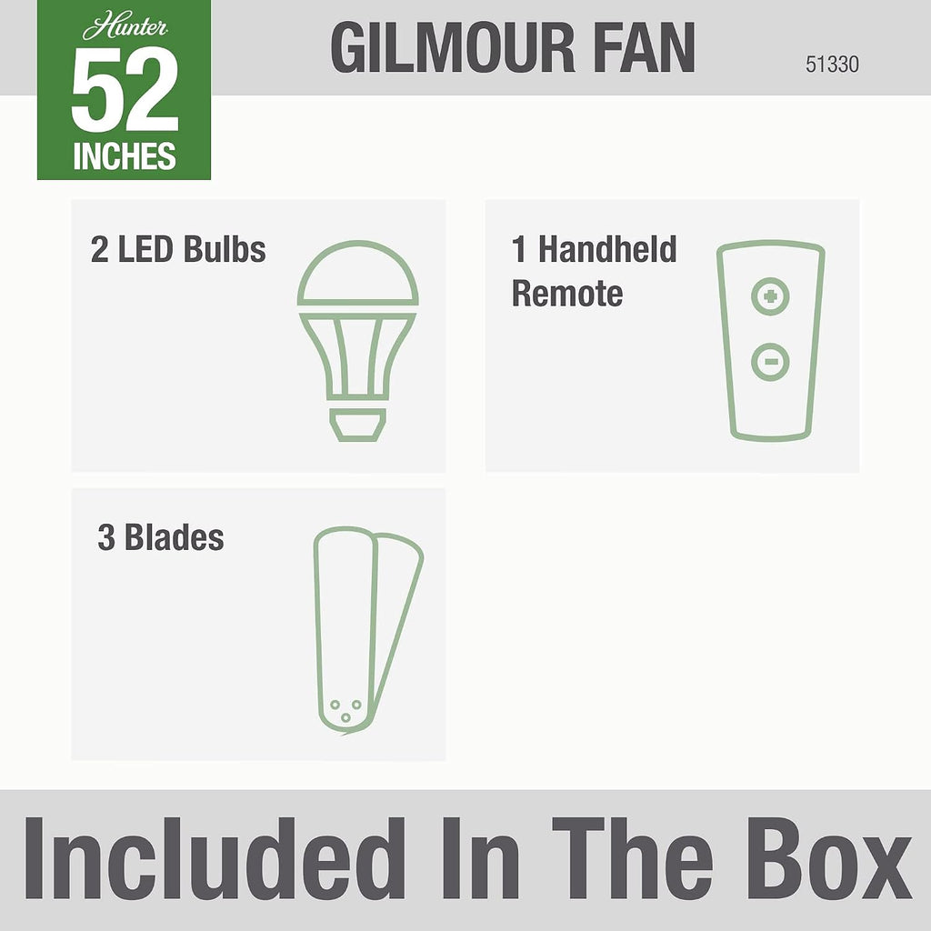 Hunter Fan Company, 51330, 52 inch Gilmour Matte Black Low Profile Damp Rated Ceiling Fan with LED Light Kit and Handheld Remote