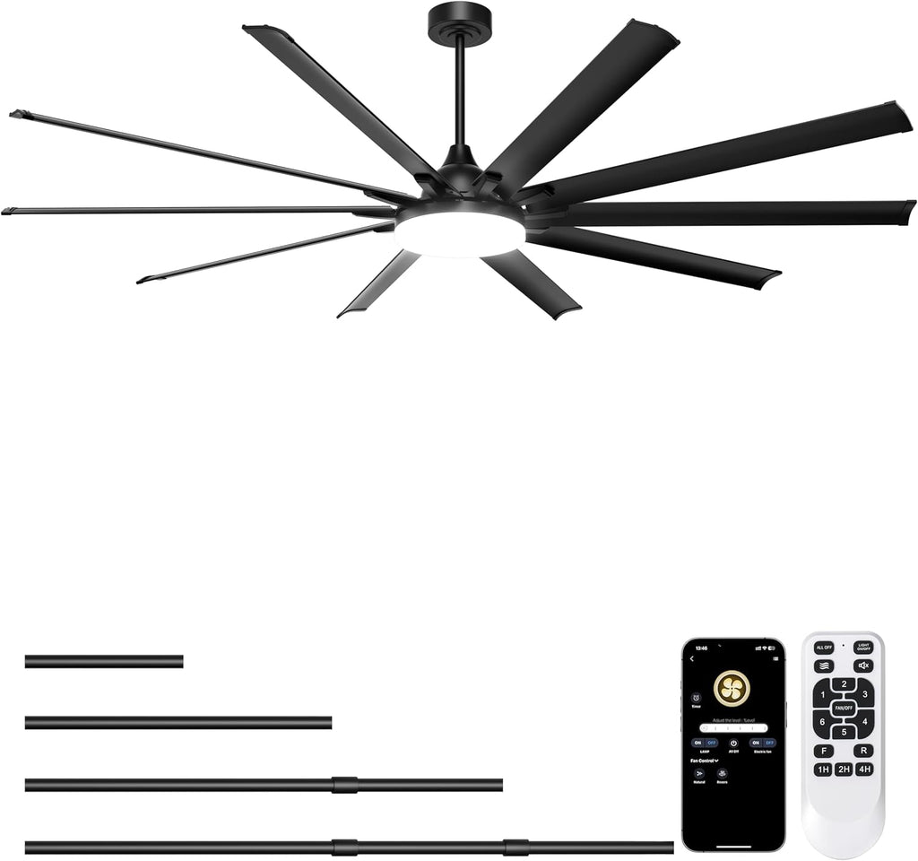Ohniyou 96'' Industrial Ceiling Fan with Bright Lights - Remote/APP Control, High CFM, Extra Large Shop Ceiling Fan for Covered Outdoor Patio, Gym, Black