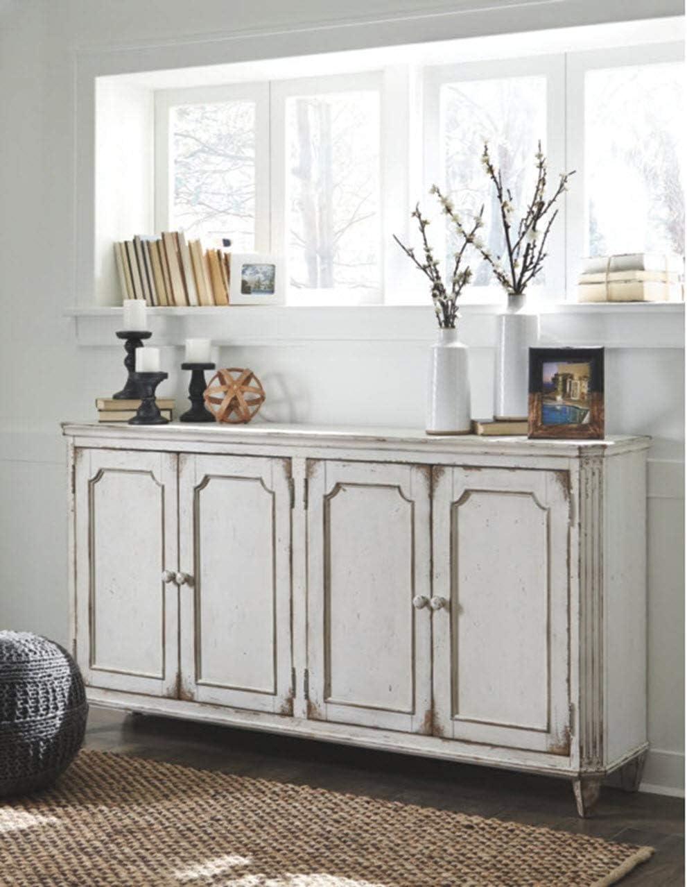 Signature Design by Ashley Mirimyn Distressed 4-Door Accent Cabinet or TV Stand, Antique White