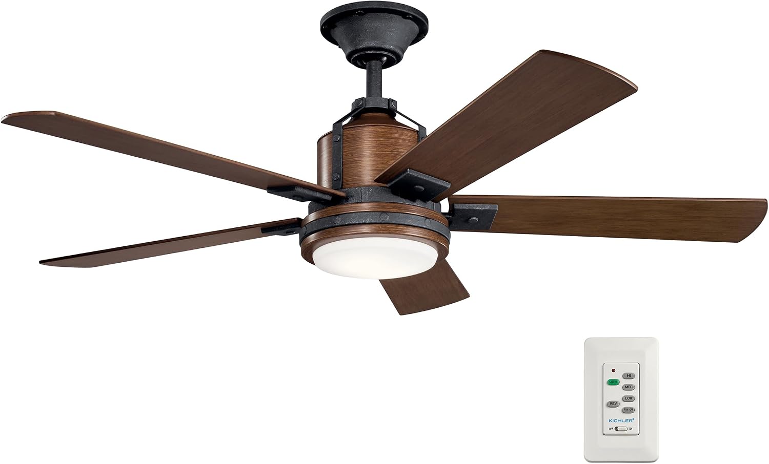 Kichler Colerne 52'Ceiling Fan with LED Light in Black, 5-Blade Vintage Industrial IndoorFan, 3000k, (52'W x 17' H), 300052DBK