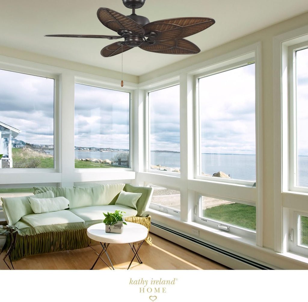 kathy ireland HOME [CF621VNB] Batalie Breeze Outdoor Ceiling Fan, 52 Inch | Large Metal Fixture with Palm Leaf Blades, Quiet Motor, and Pull Chain | Tropical Style for Outside and Indoor, Bronze