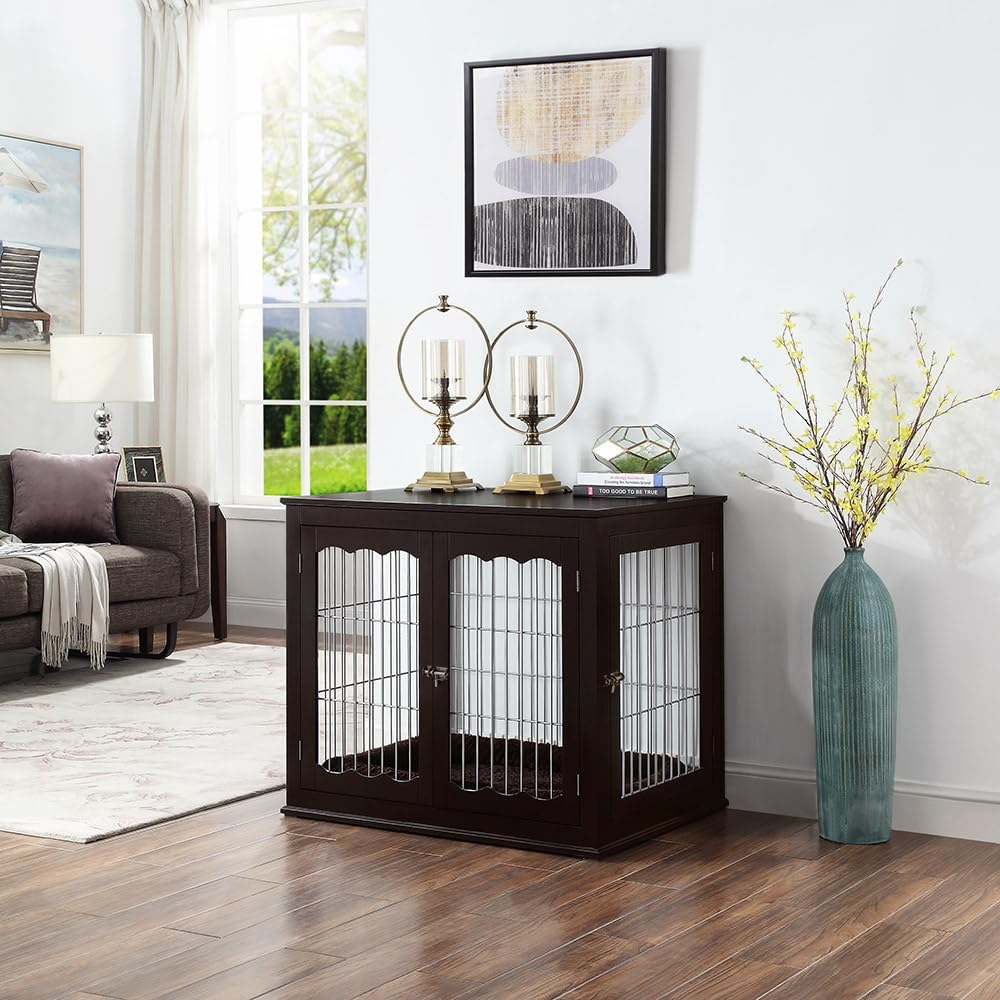 unipaws 36 Inch Furniture Style Dog Crate End Table with Cushion, Wooden Wire Pet Kennels with Double Doors, Large Dog House Indoor Use