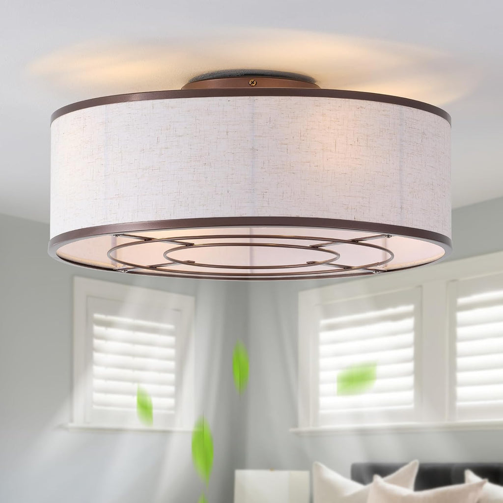20' Brown Ceiling Fans with Lights, Boho Flush Mount Ceiling Fan with Light and Remote, Drum Fabric with 6 Speeds for Bedroom, Nursery, Living Room
