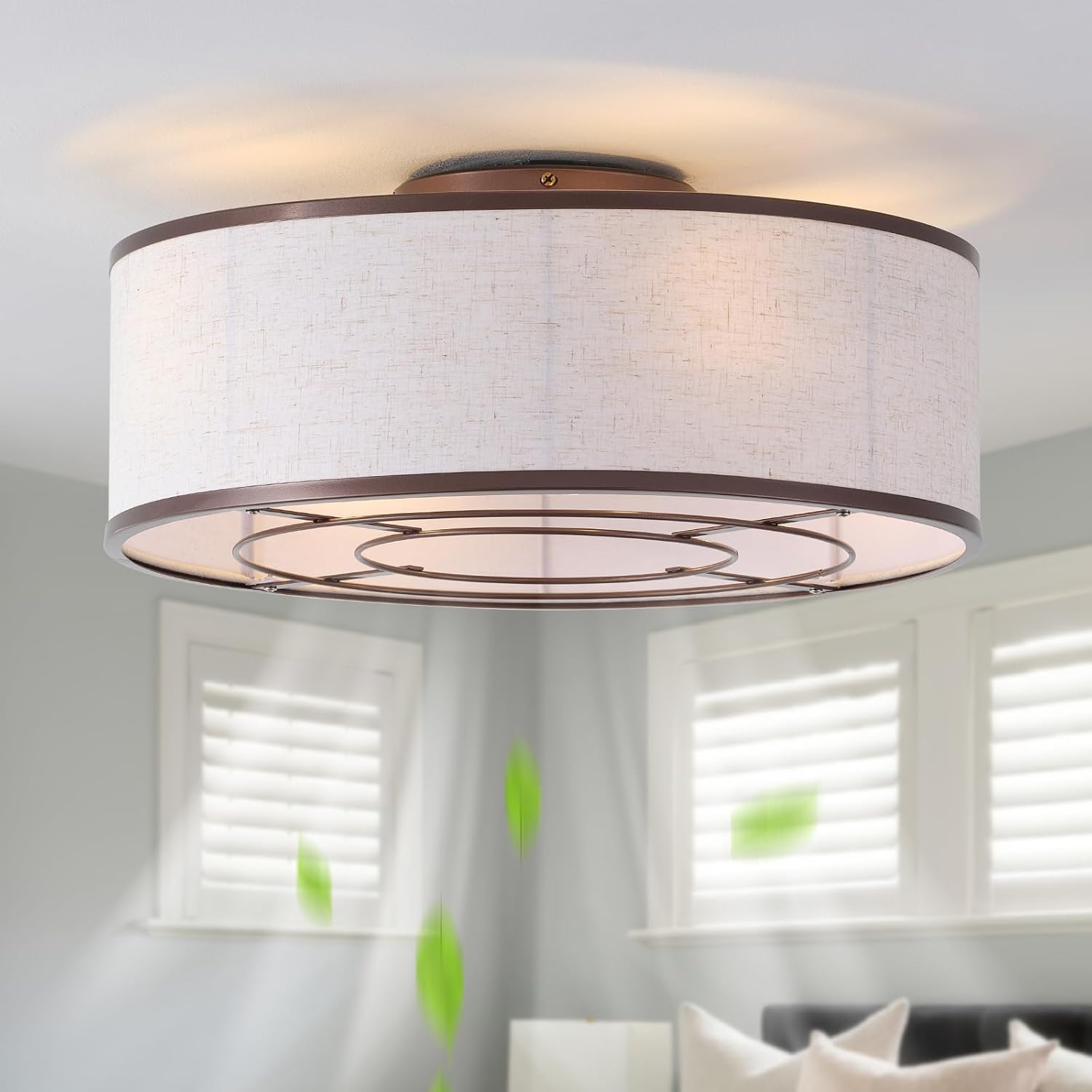 20' Brown Ceiling Fans with Lights, Boho Flush Mount Ceiling Fan with Light and Remote, Drum Fabric with 6 Speeds for Bedroom, Nursery, Living Room