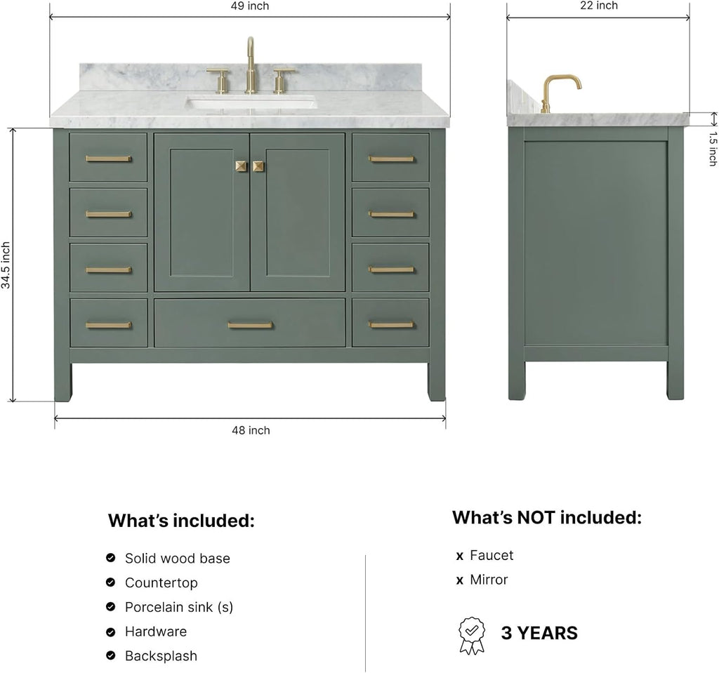 ARIEL Cambridge 48-inch Bathroom Vanity with Sink,Solid Wood, 1.5-inch Italian Carrara Marble Countertop, Single Rectangular Porcelain Sink, 2 Soft Closing Doors, 9 Dovetail Drawers, Vintage Green