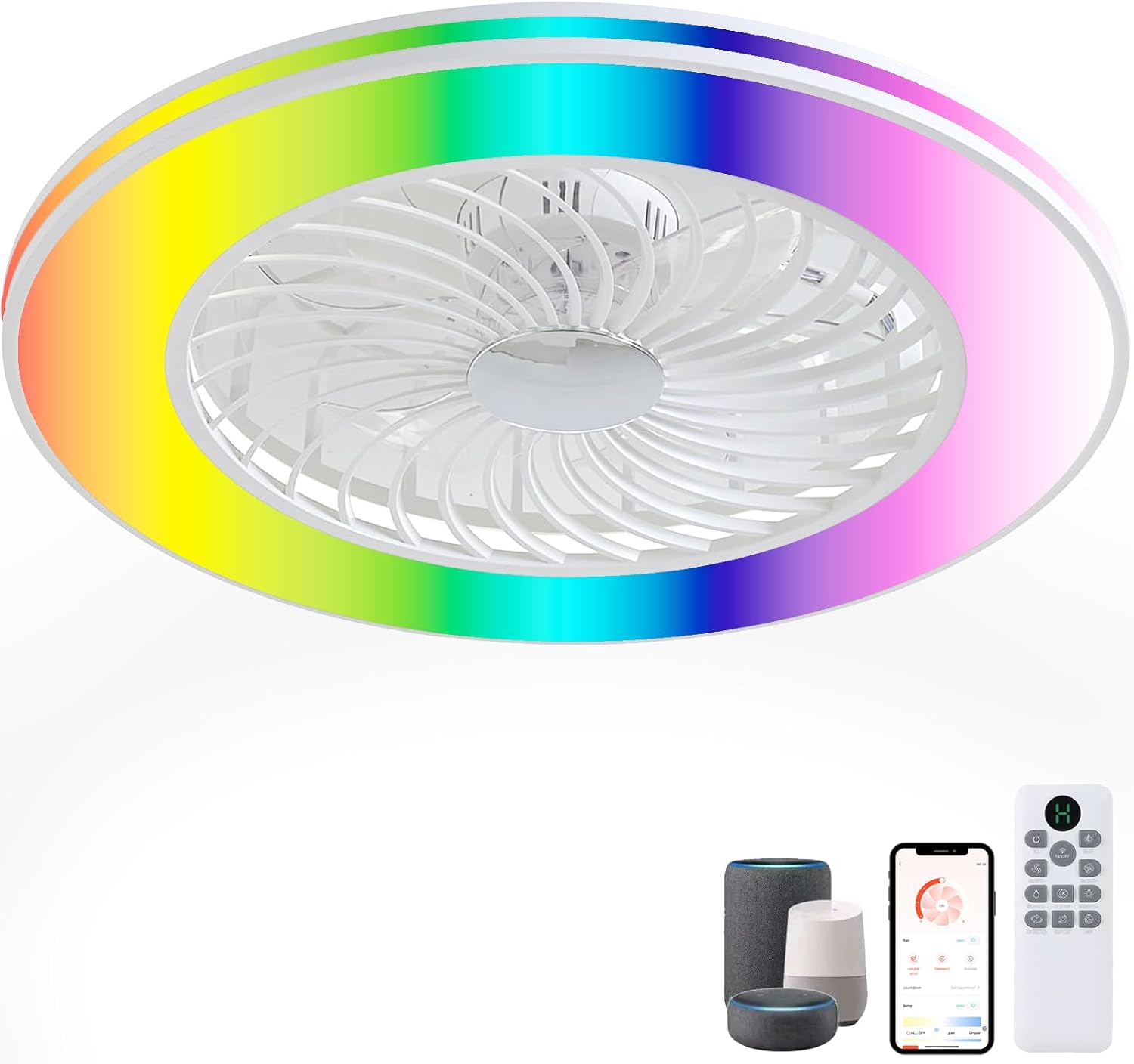 Low Profile Ceiling Fans with Lights, 24' Caged Modern Flush Mount Ceiling Fan with LED Light, Housing Finish White, RGB Main Light
