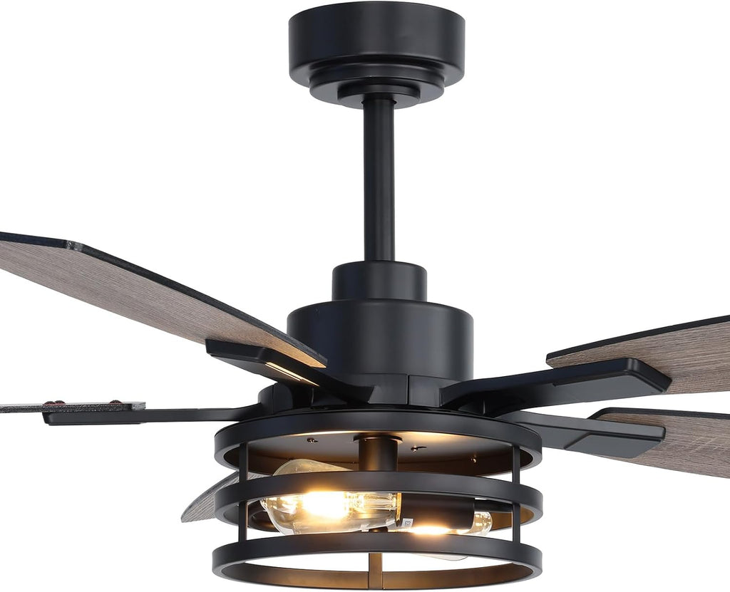 52 Inch Ceiling Fans with Lights and Remote Control, Farmhouse Ceiling Fan for Bedroom Living Room and Patio, Black Caged Ceiling Fan for Indoor and Outdoor
