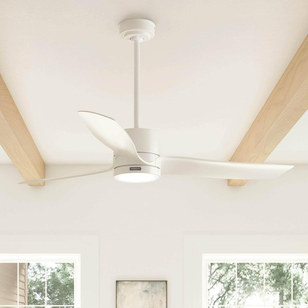 Hunter 60' Bolsa Indoor Ceiling Fan with LED Light, Remote, Fresh White | SureSpeed high velocity airflow, 6-speed DC motor, and 3' downrod support large rooms, bedrooms, offices, or great rooms.