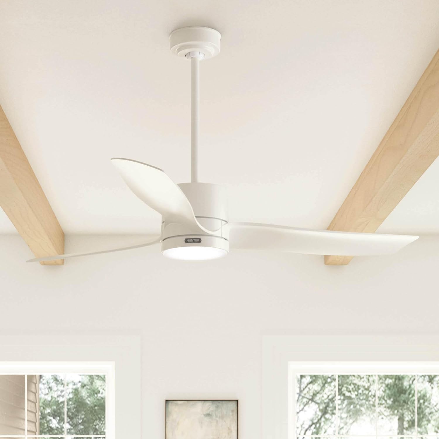 Hunter 60' Bolsa Indoor Ceiling Fan with LED Light, Remote, Fresh White | SureSpeed high velocity airflow, 6-speed DC motor, and 3' downrod support large rooms, bedrooms, offices, or great rooms.