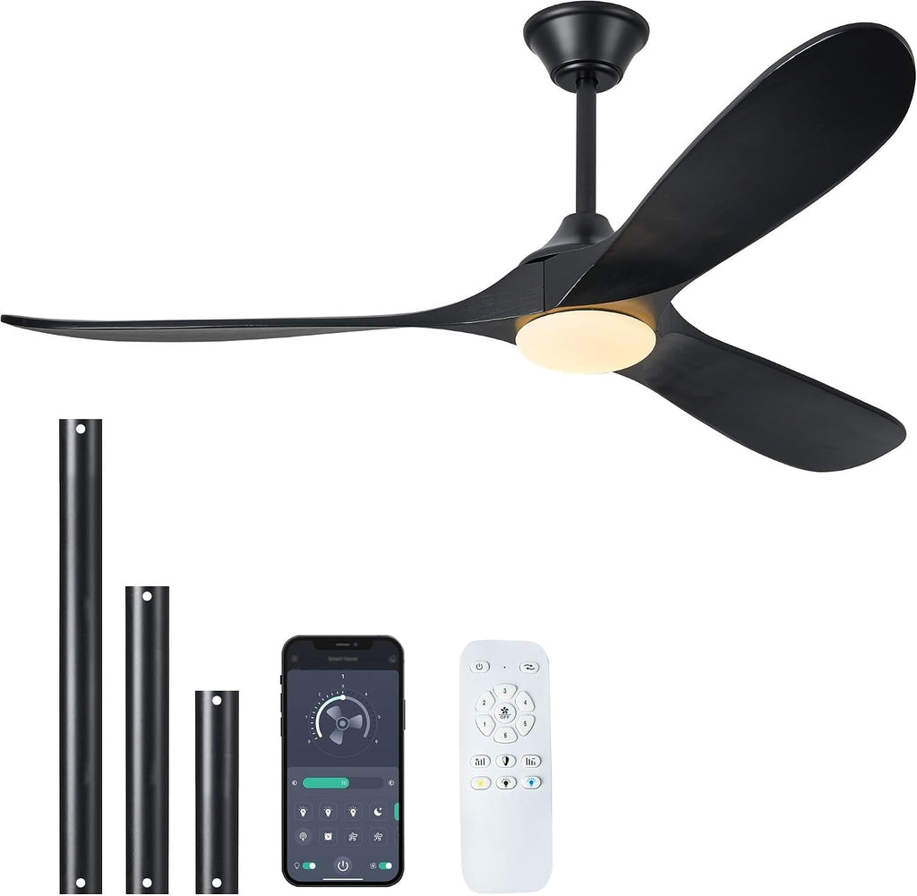 Wood Ceiling Fans with Lights and Remote, 60' Black Modern Ceiling Fan with 3 Wooden Blades, Timer and Memory Function, Outdoor Ceiling Fan with Light for Patios, Indoor, Living Room
