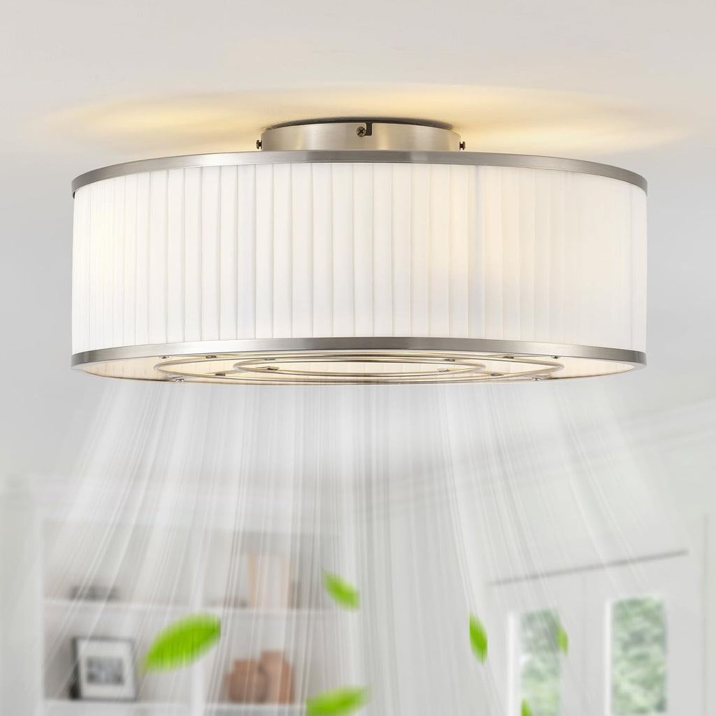 Boho Ceiling Fan with Light Flush Mount, 20' Caged Ceiling Fan with Light Remote Control Silver, Low Profile Ceiling Fans Bladeless Chrome 6 Speeds for Bedroom, Living Room, Nursery