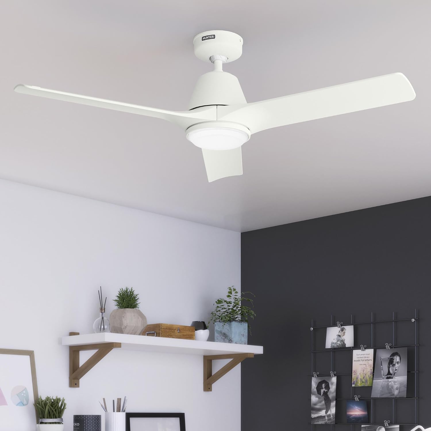 Hunter Fan 52 inch Ceiling Fan with Light, Outdoor or Indoor White Ceiling Fan with Remote for Porch, Living Room, Office, Kitchen, Garage, 3 Blades (Renewed)