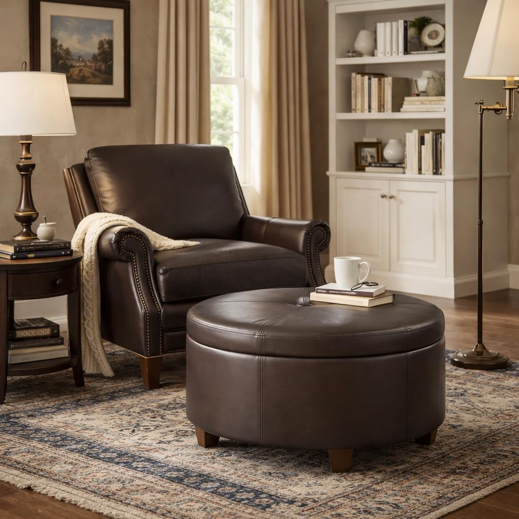 HomePop 32' Large Tufted Round Storage Ottoman - Vintage Brown Faux Leather