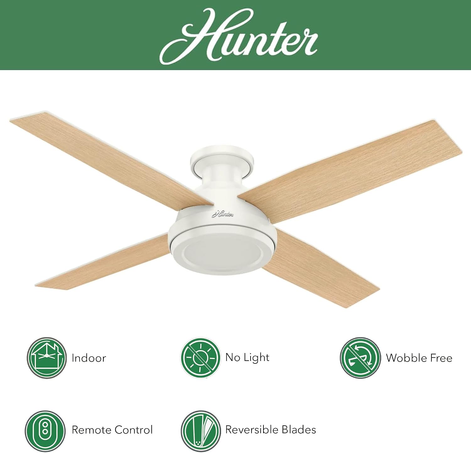 Hunter Fan 52 inch Contemporary Low Profile No Light Fresh White Ceiling Fan with Remote Control (Renewed)