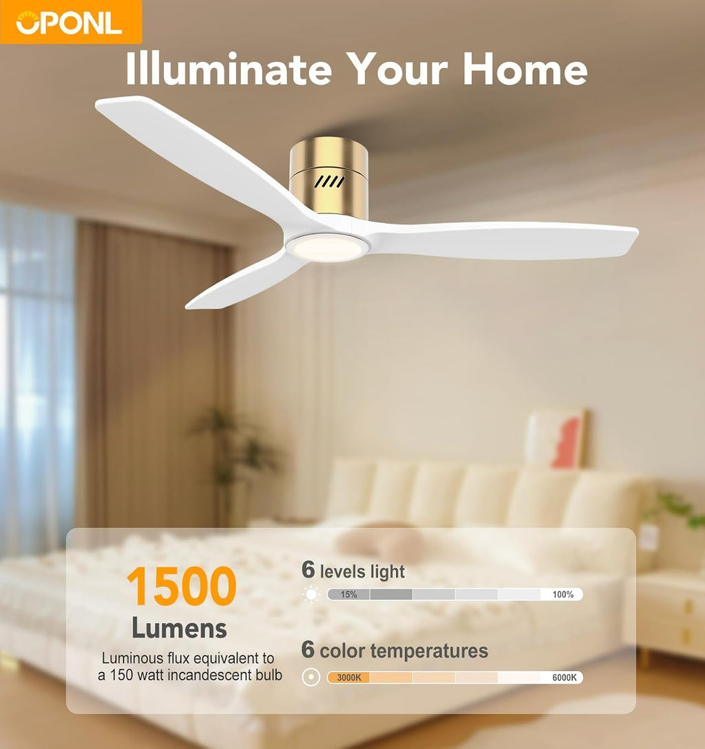 OPONL 52 Inch Natural Wood White Ceiling Fan with Light, Remote Control, Noiseless,Reversible, 6CCT, Dimmable, Timeable, Flush Mount Ceiling Fans with Lights for Bedroom,Indoor/Outdoor Use