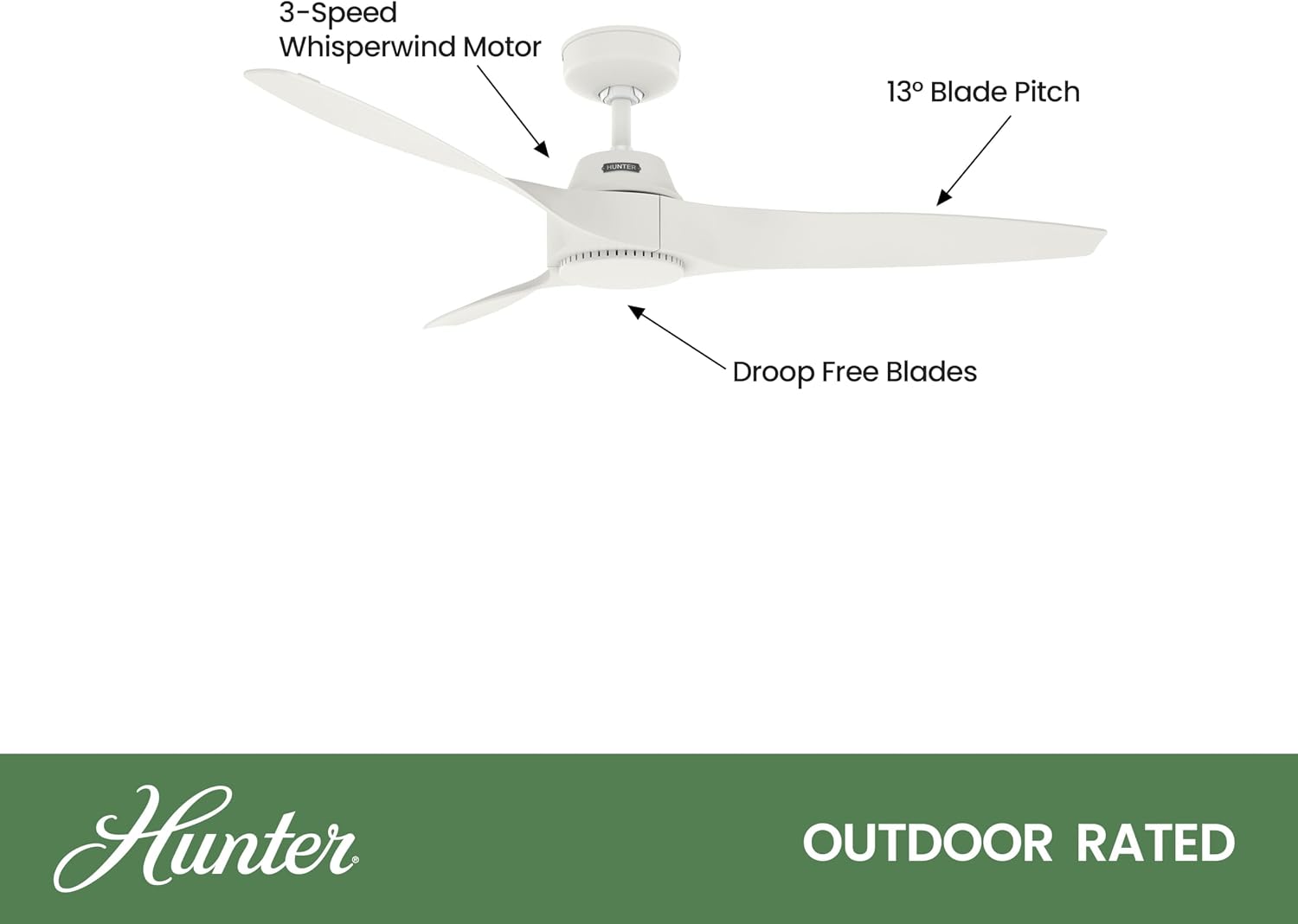 Hunter Fan 52 inch Ceiling Fan with No Light, Outdoor or Indoor White Ceiling Fan with 3 Blades for Porch, Living Room, Office, Kitchen, Garage (Renewed)