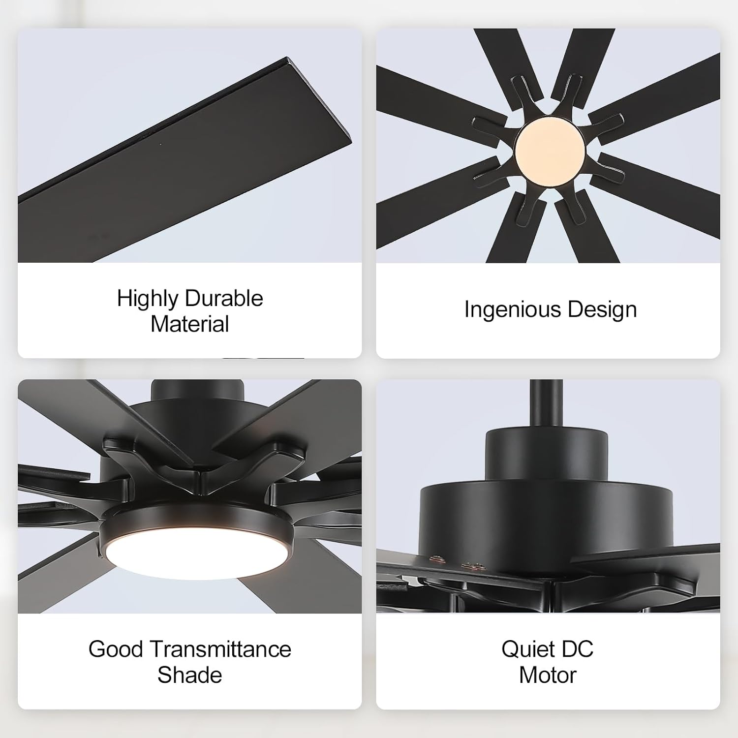 62 Inch Black Ceiling Fan with Light and Remote/APP Control, Outdoor Ceiling Fan for Patios, Ultra Quiet DC Reversible Motor, 6 Speed, Dual Finish 8 Blades Ceiling Fans for Indoor Exterior