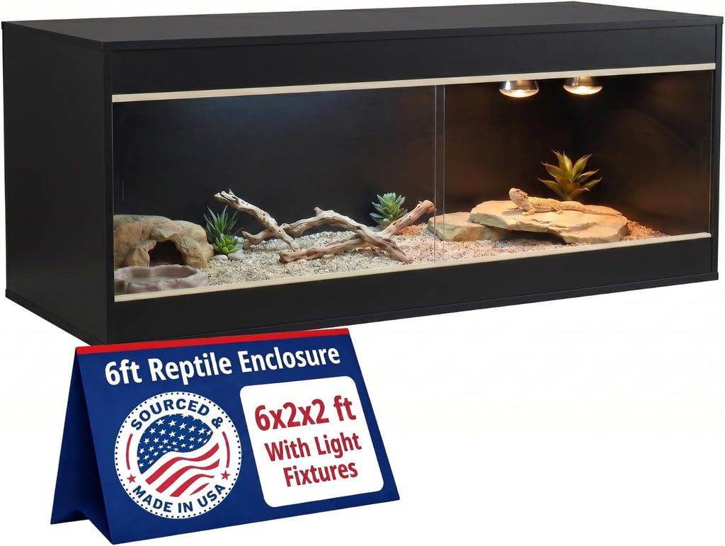 180 Gallon Reptile Enclosure, Made in USA 72' x 24' x 24' Bearded Dragon Tank with Sliding Acrylic Doors, Large Terrarium for Leopard Geckos, Snakes, Lizards & Tortoises - Black