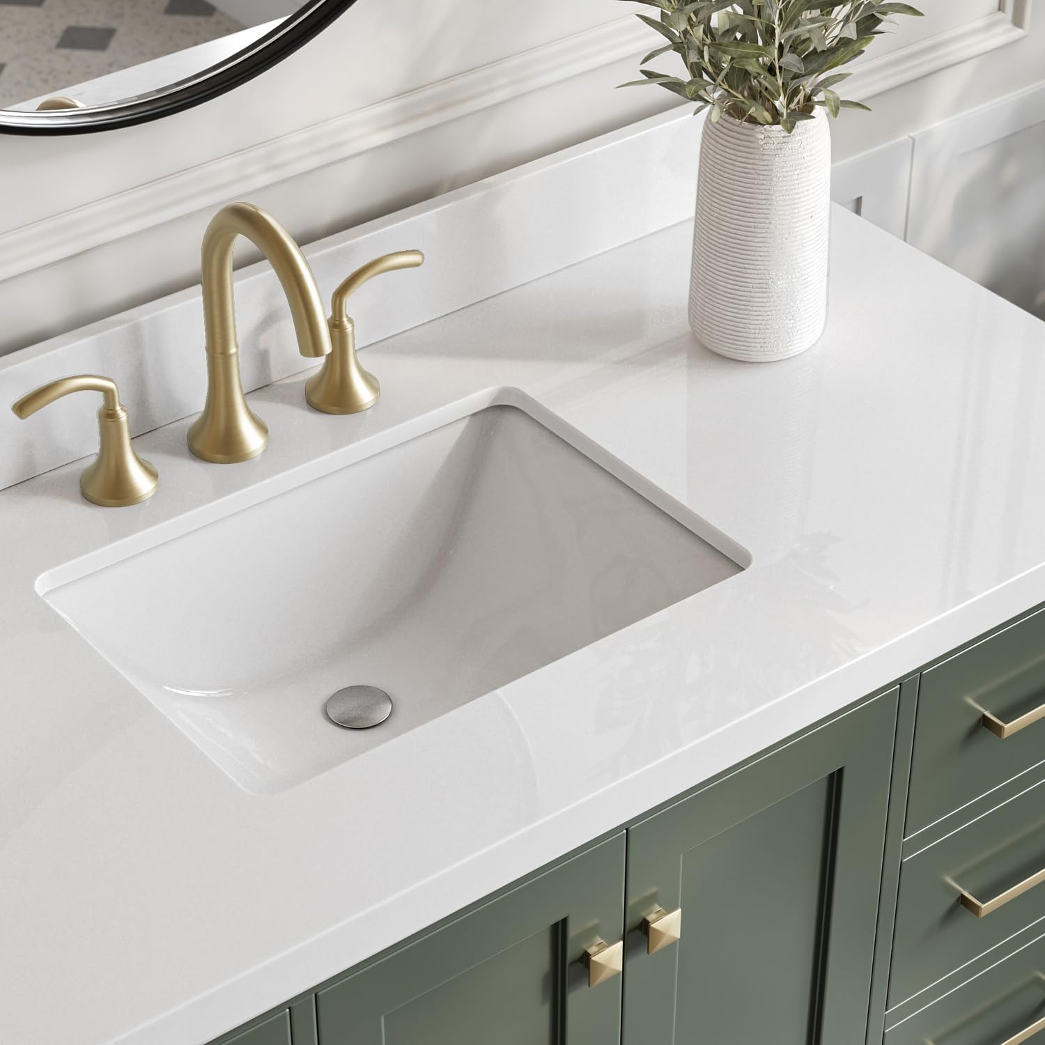 ARIEL Cambridge 48-inch Bathroom Vanity with Sink,Solid Wood, 1.5-inch Pure White Quartz Countertop, Single Rectangular Porcelain Sink, 2 Soft Closing Doors, 9 Dovetail Drawers, Vintage Green