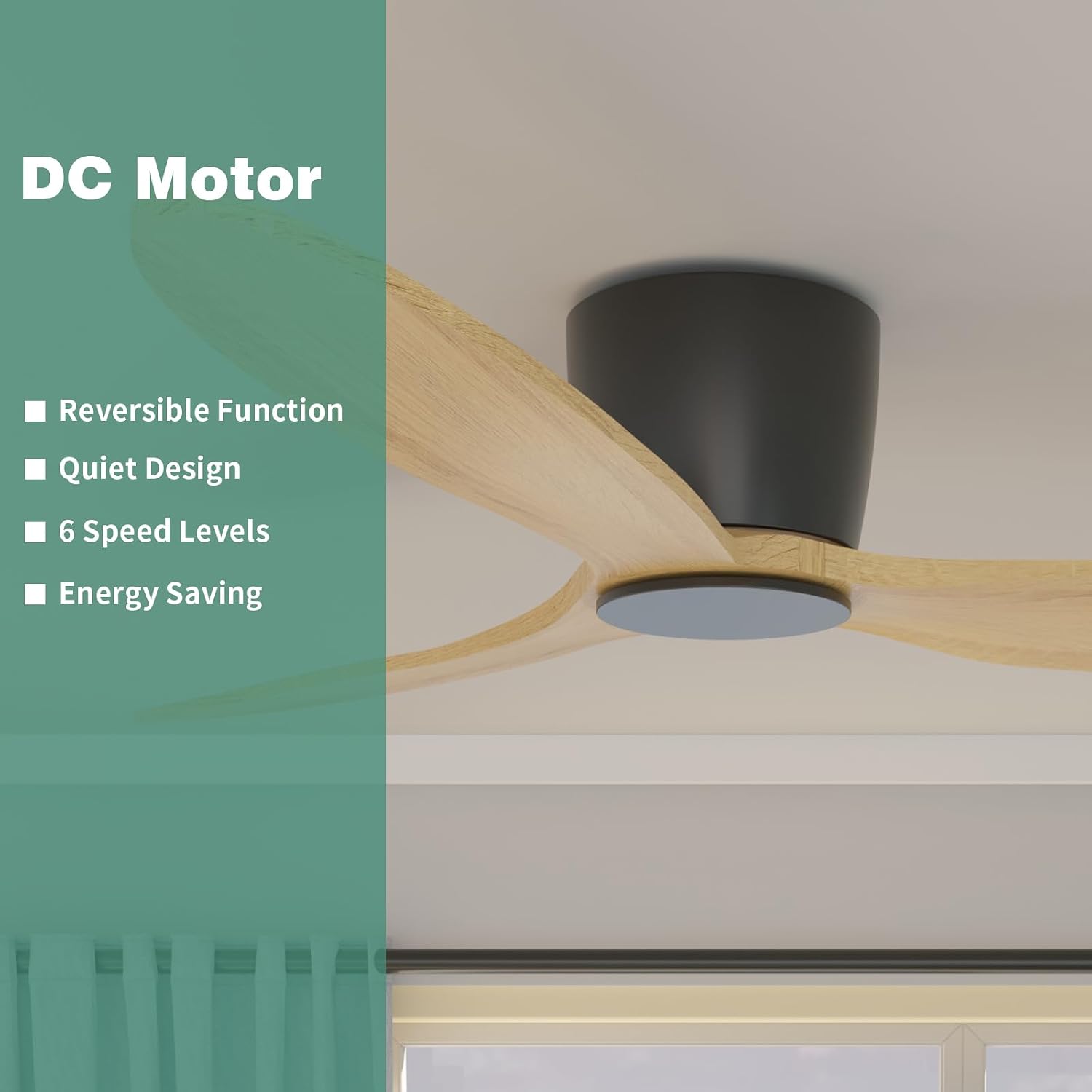 Ceiling Fan no Lights, 52 Inch Low Profile Ceiling Fans without light, Flush Mount Fan with Remote, Modern Natural Wood Ceiling Fan for Bedroom Indoor Outdoor, 6-Speed Reversible DC Motor, Timer