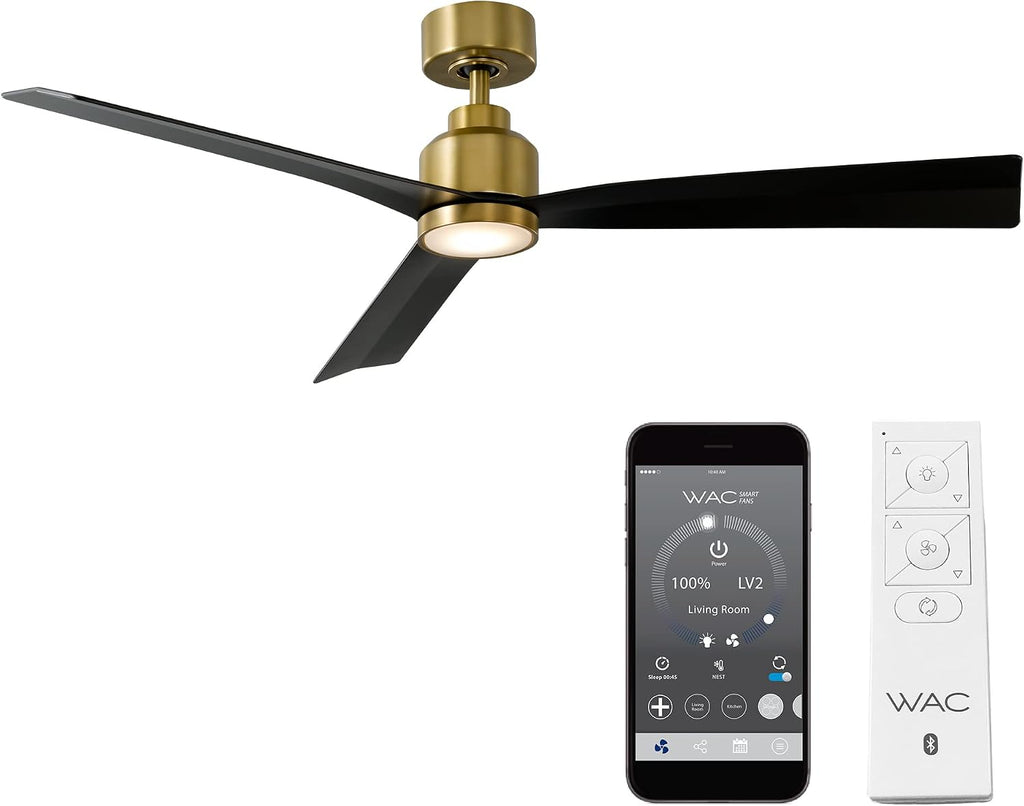 WAC F-003L-SB/MB Clean 52' Outdoor Ceiling Fan with LED Lights and Remote, Soft Brass Matte Black