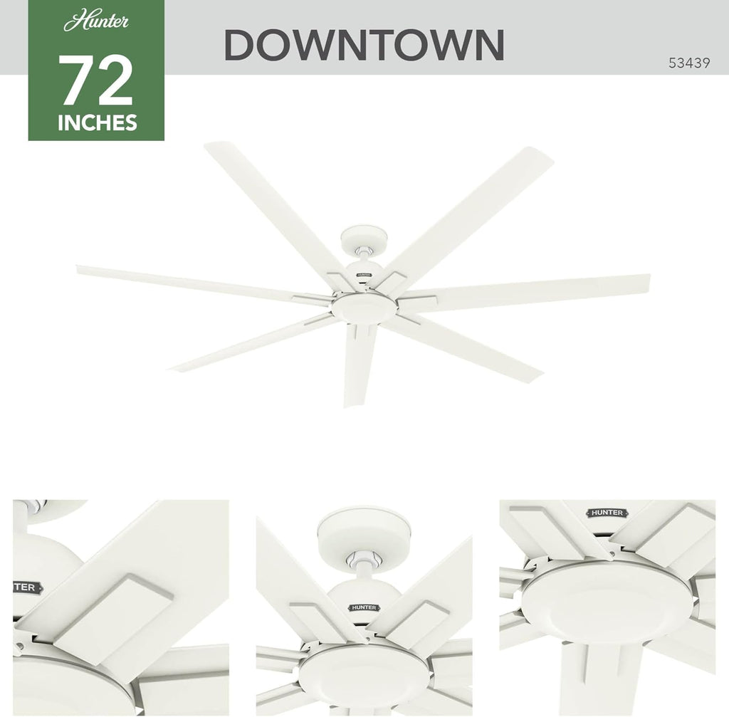 Hunter 72' Downtown Indoor/Outdoor Ceiling Fan, Wall Control, Matte White | ENERGY STAR fan is 64% more efficient, with SureSpeed high-velocity airflow for great rooms, lofts, or covered porches.