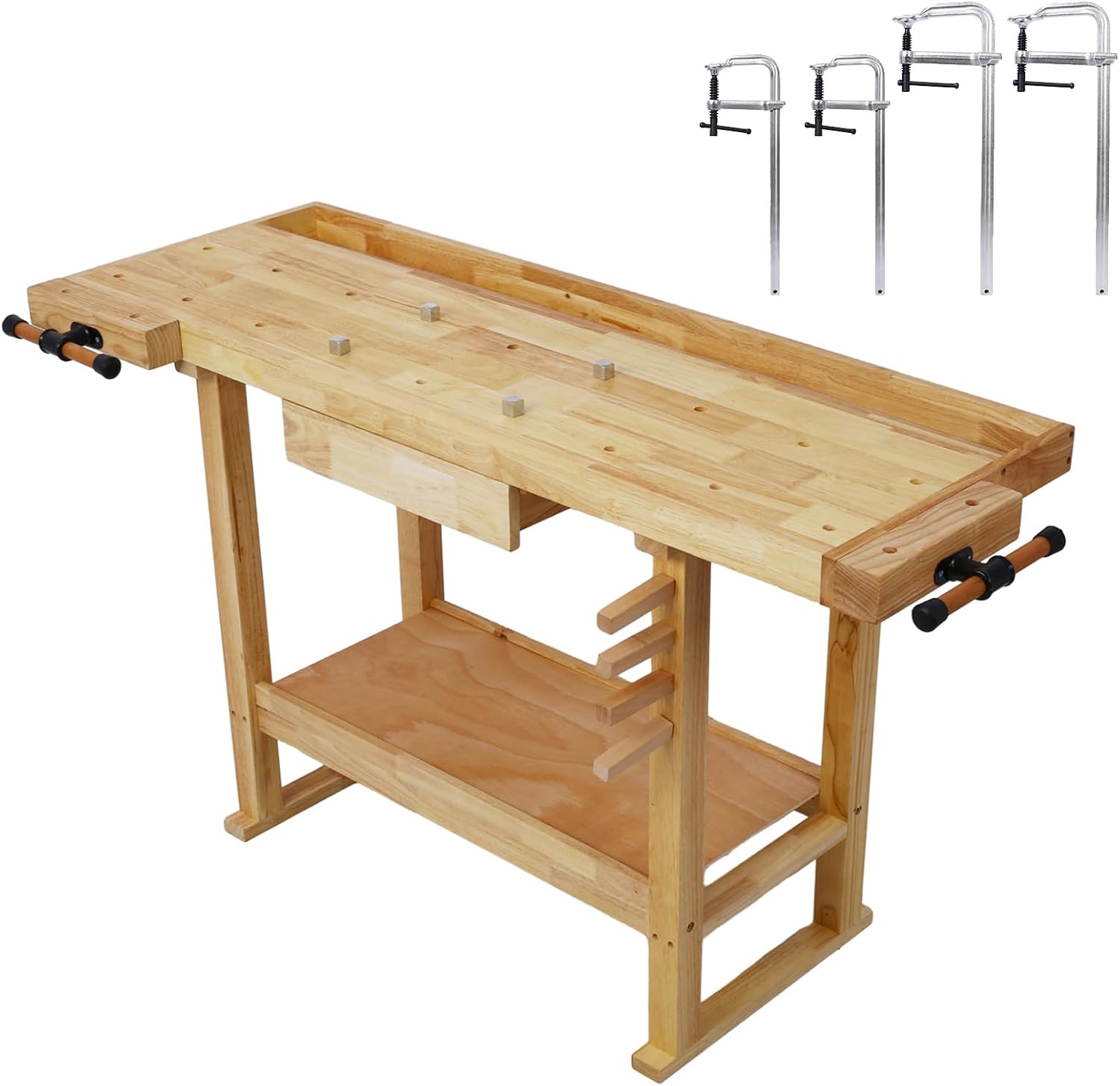 Wood Workbench, Wooden Workbench for Garage Workshop and Home, Workbench with Bar Clamps Set (Natural-A, 2pcs[12'x3']+2pcs[16' x4-3/4] Bar Clamps Set)