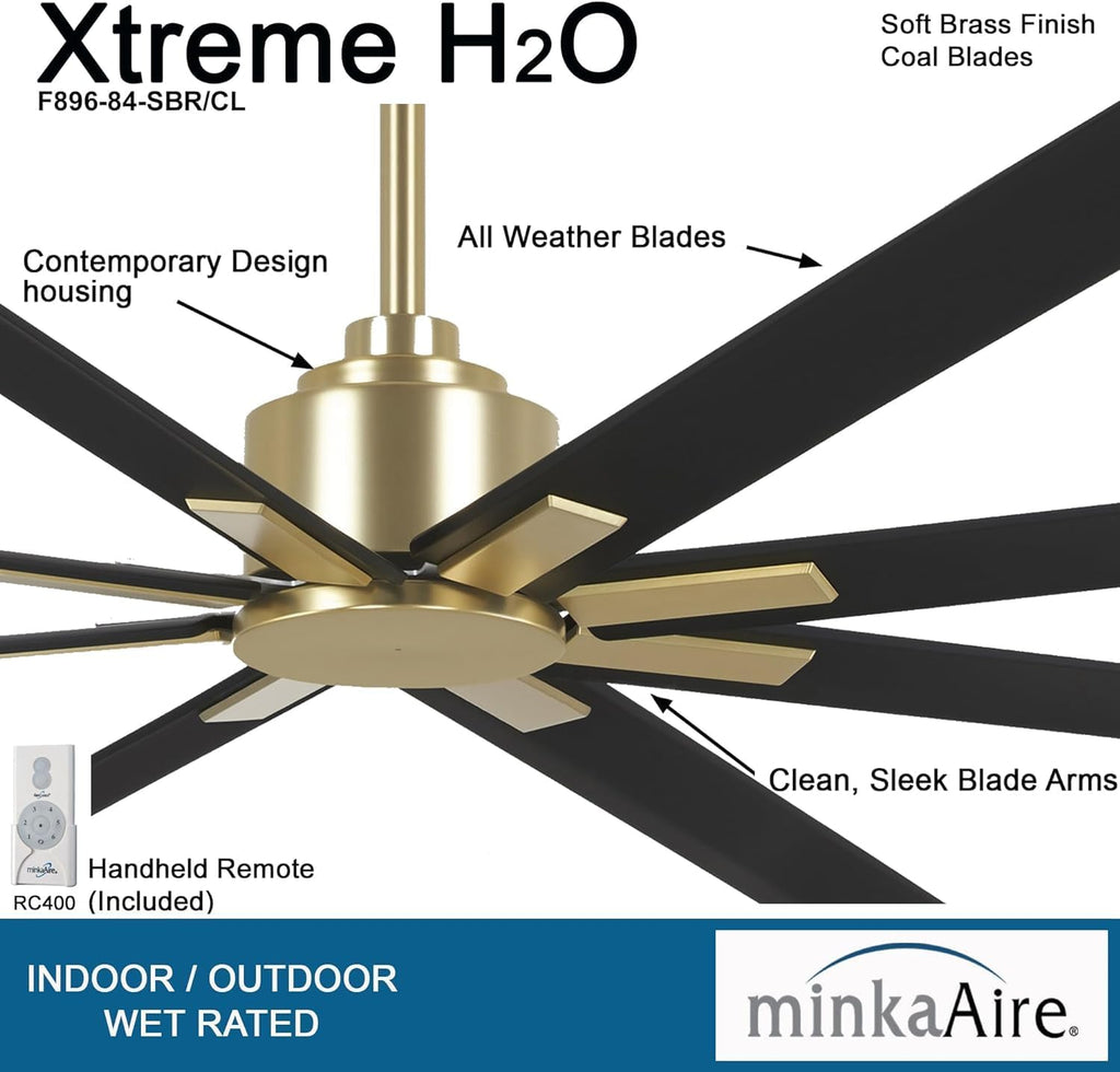 MINKA-AIRE F896-84-SBR/CL Xtreme H2O 84 Inch DC Motor Outdoor Ceiling Fan with Remote Control in Soft Brass Finish with Coal Blades