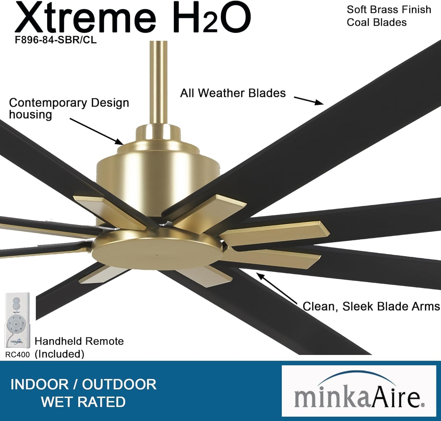 MINKA-AIRE F896-84-SBR/CL Xtreme H2O 84 Inch DC Motor Outdoor Ceiling Fan with Remote Control in Soft Brass Finish with Coal Blades