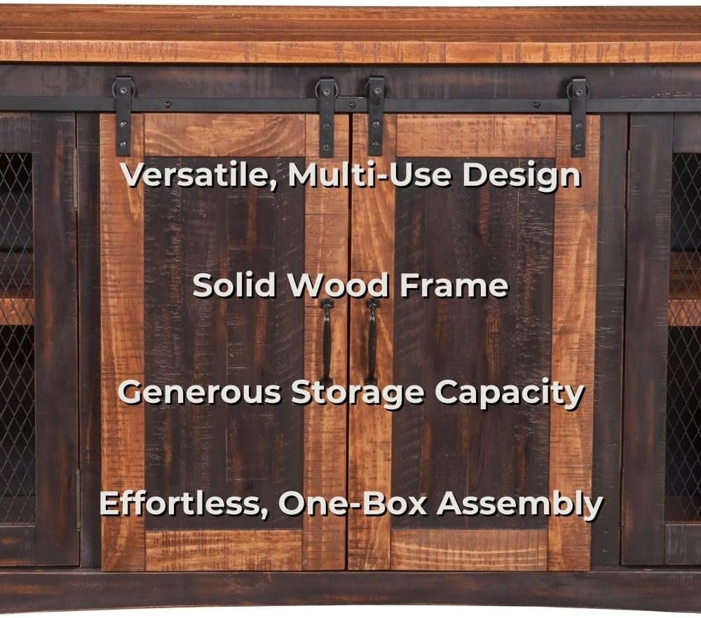 Martin Svensson Home 65' Solid Pine Wood Entertainment Center with Storage. Rustic TV Stand for TVs up to 70.' Sliding Doors, Adjustable Shelves & Cable Management – Black and Honey Finish