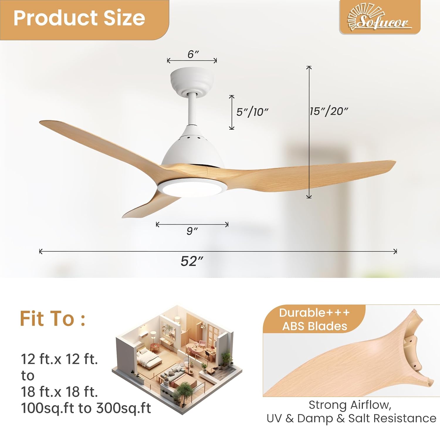 Sofucor 52 Inch Smart Ceiling Fan with Light, Modern Ceiling Fan with 3 Plastic Blade, Quiet, Dimmable, Compatible with Alexa/Google/App, 6 Speeds 7000CFM, Timer Quiet Reversible DC Motor, Log-color