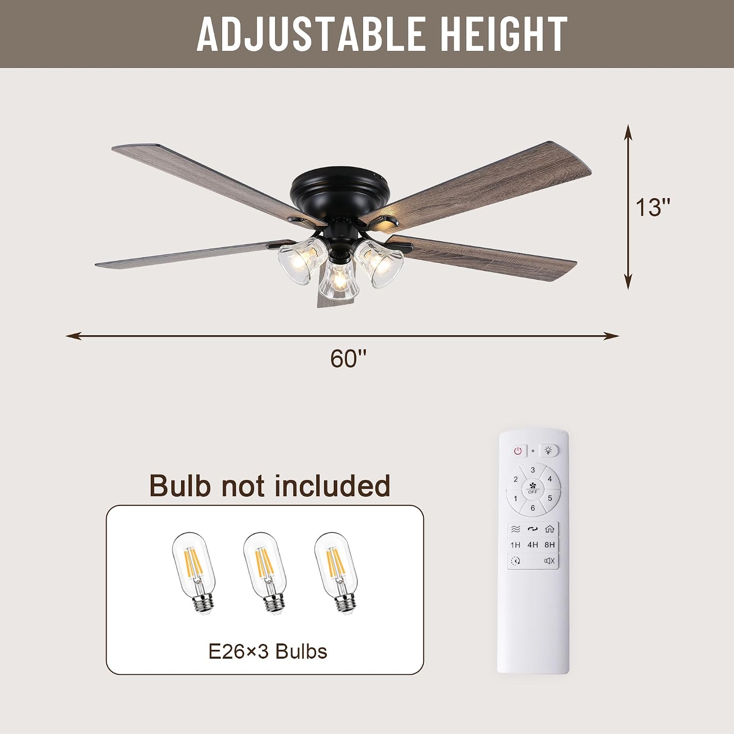 60'' Flush Mount Ceiling Fan with Light and Remote, 5 Reversible Wood Blades,3 Clear Seeded Glass Light Fixtures,6-Speed Quiet DC Motor,Farmhouse Ceiling Fan for Bedroom Living Room Patio