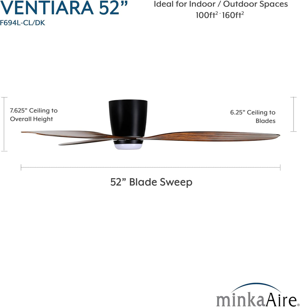 MINKA-AIRE F694L-CL/DK Ventiara 52' 3-Blade LED Flush Mount Indoor/Outdoor Ceiling Fan in Coal Black and Distressed Koa Finish Blades with Etched Lens