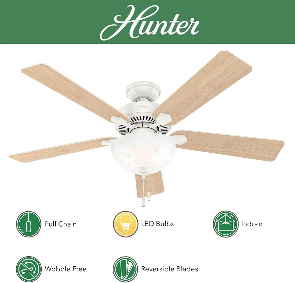 Hunter Fan 52 inch Indoor Ceiling Fan with Lights and Pull Chain, White Ceiling Fan for Bedroom, Living Room, Office, Kitchen (Renewed)