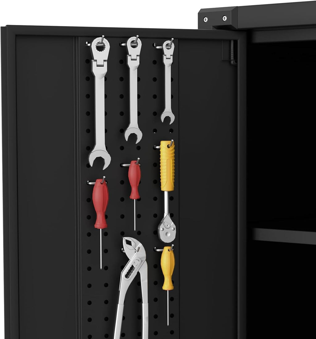 71.7' Metal Garage Storage Cabinet with Wheels, Locking Doors, Pegboard & 4 Adjustable Shelves, Heavy Duty Steel Cabinet for Garage, Workshop, Home, Office, Black