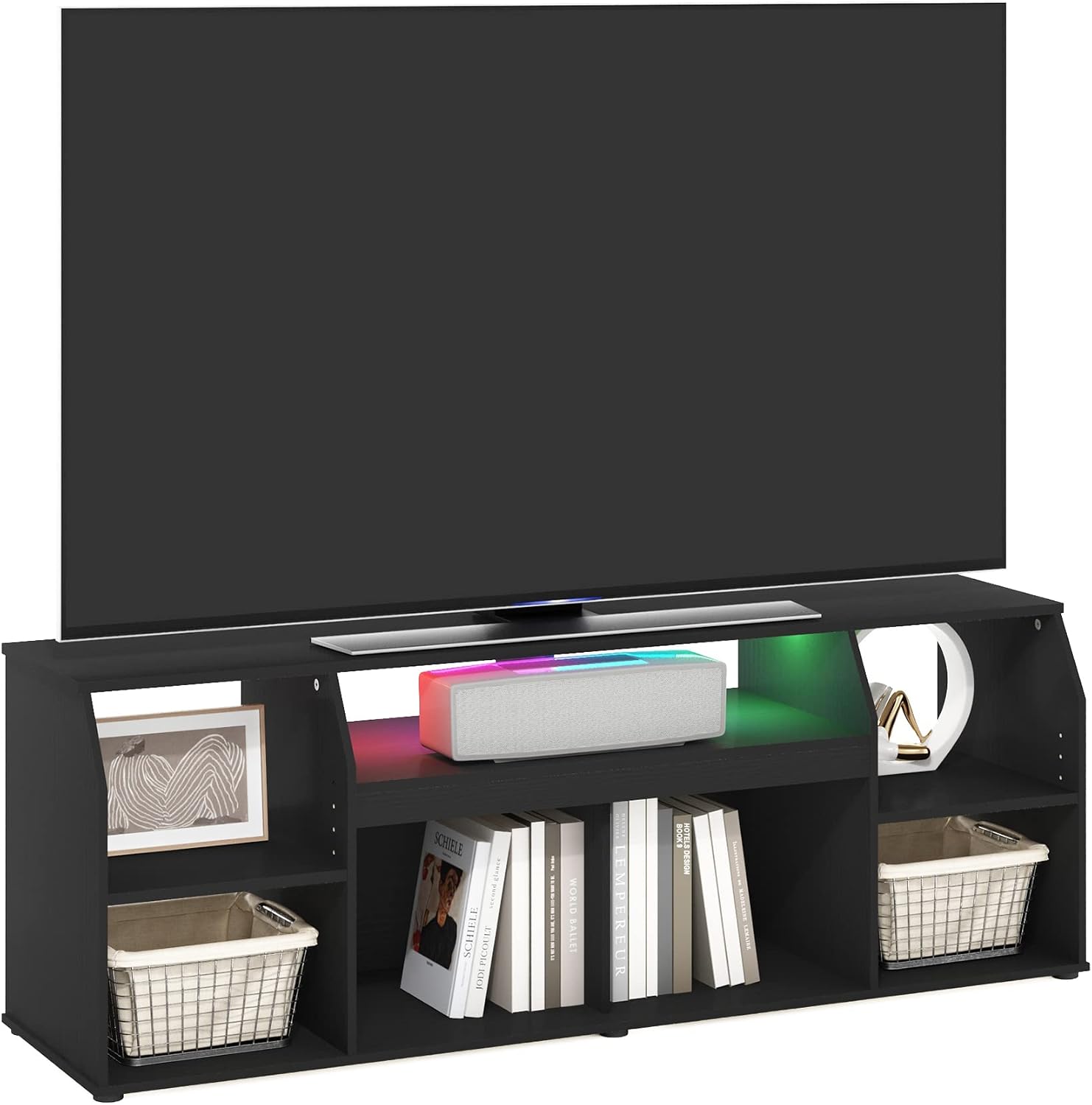 Furinno Jaya TV stand for up to 65 Inch TV, Gaming Enterteinment Center with LED Lights, Living Room Media Console Table, Americano