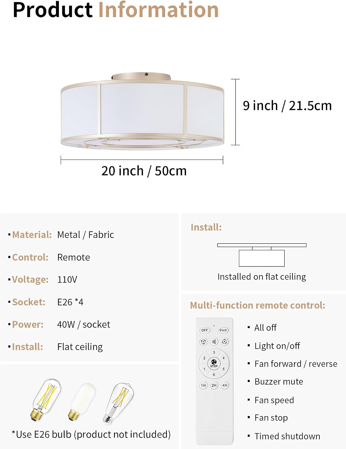 Caged Ceiling Fans with Lights Flush Mount, Low Profile Ceiling Fan with Lights Remote Control, 20'' Modern Bladeless 6 Speeds for Bedroom, Nursery, Kitchen, Gold