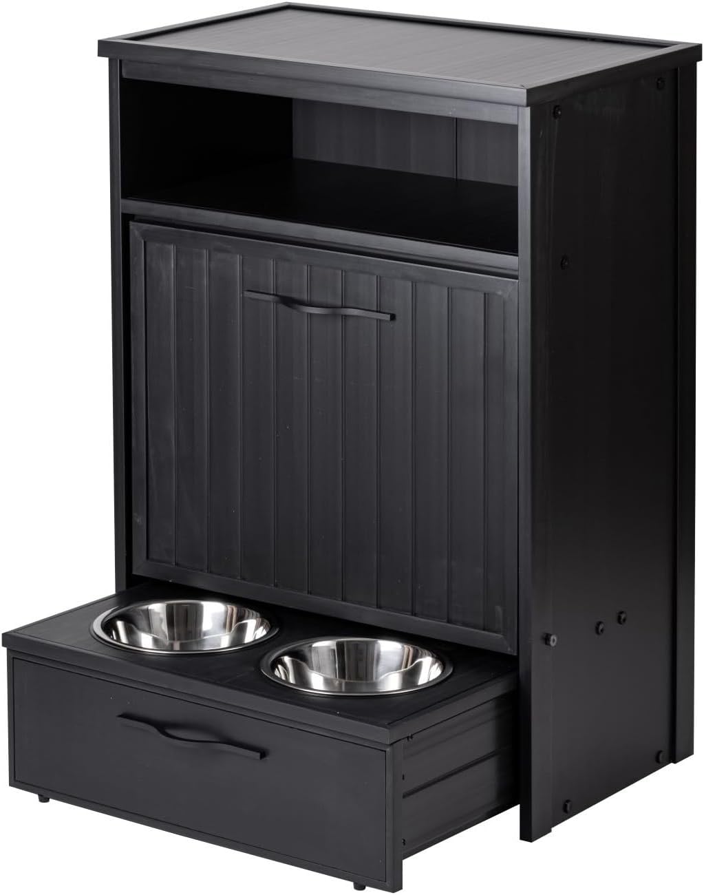 New Age Pet ECOFLEX Brea Dog Food Pantry in Black, Two 32 oz Bowls, Moisture Resistant, Easy Assembly, Holds 25 lbs