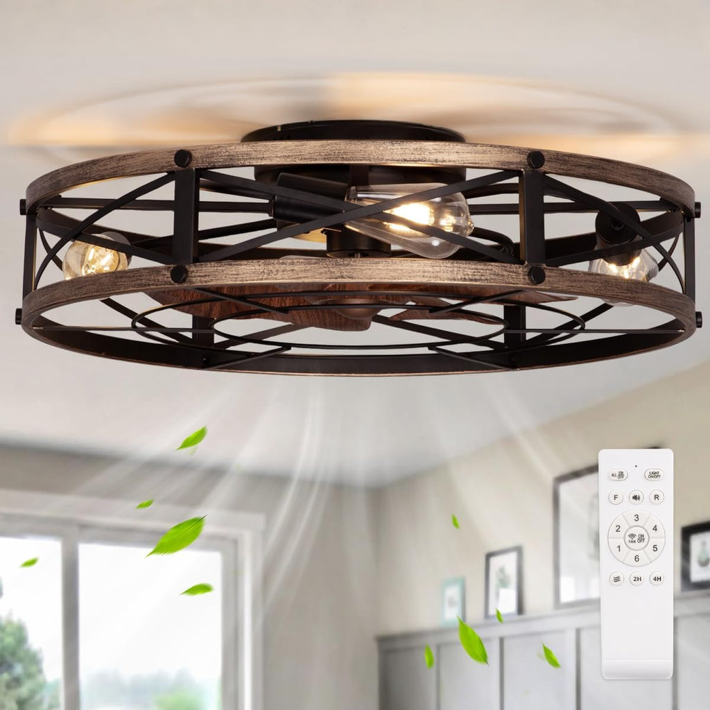 SHLUCE 24' Farmhouse Flush Mount Ceiling Fans with Lights, Caged Low Profile Enclosed Ceiling Fans with Lights and Remote, Rustic Large Bladeless Ceiling Fan with Light for Bedroom, Kitchen - ETL