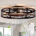 SHLUCE 24' Farmhouse Flush Mount Ceiling Fans with Lights, Caged Low Profile Enclosed Ceiling Fans with Lights and Remote, Rustic Large Bladeless Ceiling Fan with Light for Bedroom, Kitchen - ETL