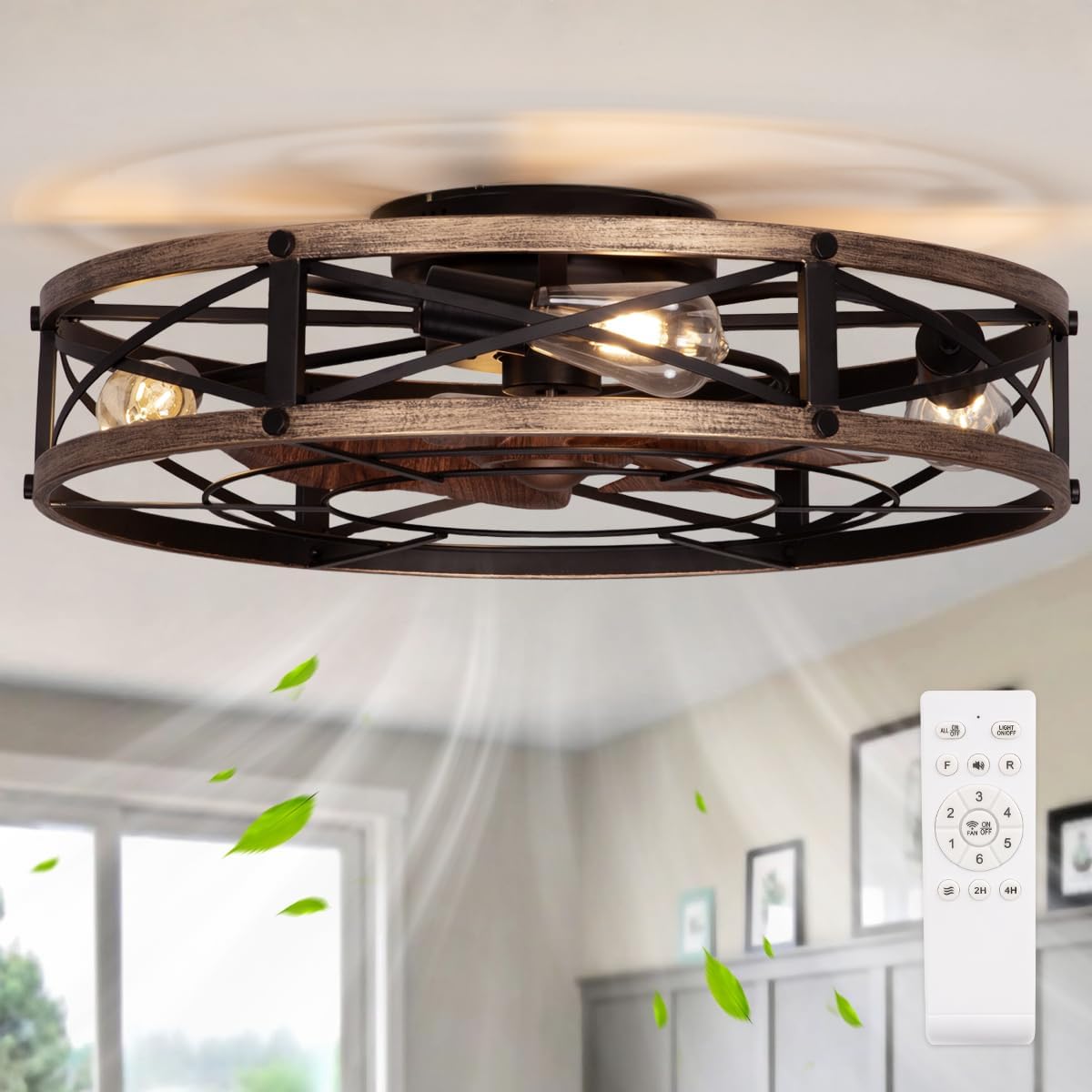 SHLUCE 24' Farmhouse Flush Mount Ceiling Fans with Lights, Caged Low Profile Enclosed Ceiling Fans with Lights and Remote, Rustic Large Bladeless Ceiling Fan with Light for Bedroom, Kitchen - ETL