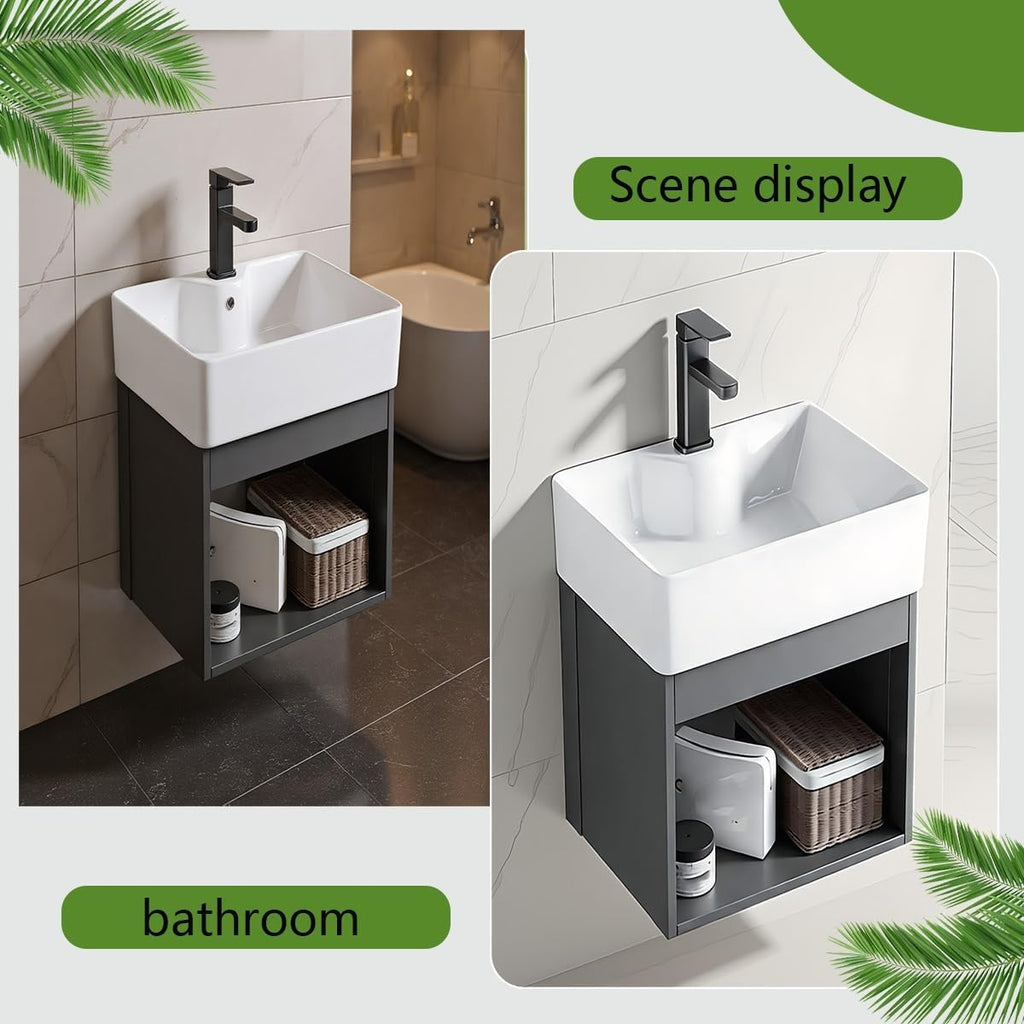 Modern corner bathroom vanity，Small wall mounted hand sink ，Bathroom Vanity with Sink，for Guest Baths Master Suites or Rental Units Bathroom(15in)