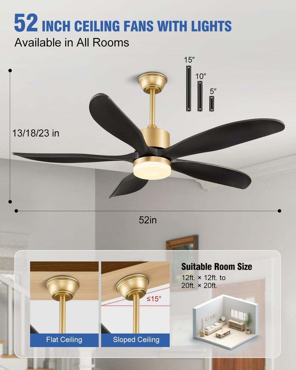 52 Inch Wood Ceiling Fan with Light and Remote, Original USA Patent Outdoor Ceiling Fan, 5 Wood Blades, 3 Downrods, Timer, 6 Speed ETL Certified DC Motor Ideal for Patio Porch Bedroom, Black and Gold